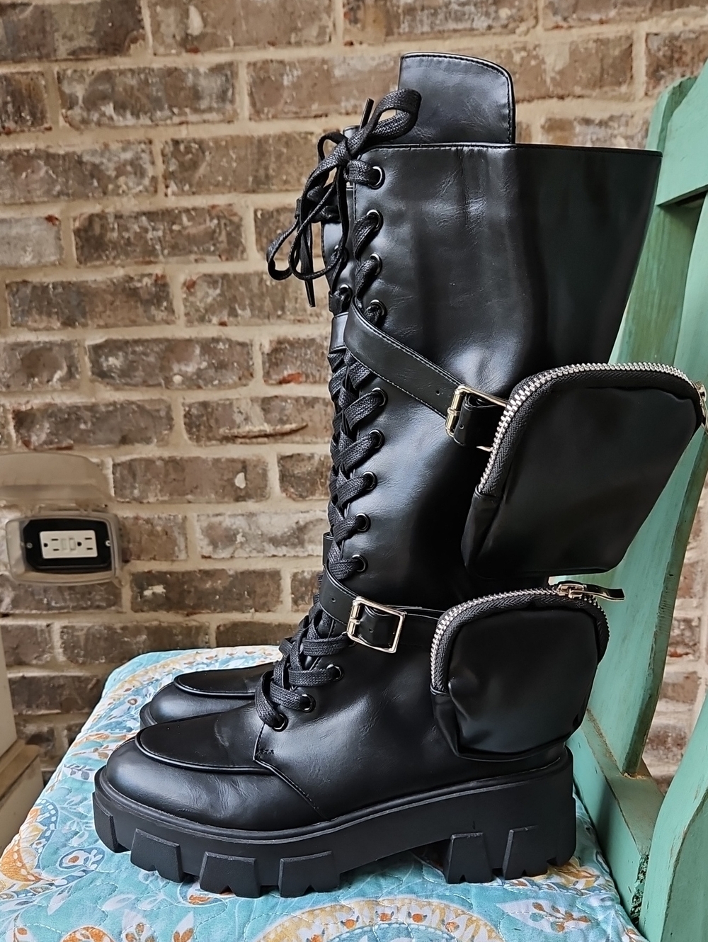 Azalea Wang Danger Black Lace-Up Combat Boots with Detachable Pouches Lug Soles - Picture 3 of 8